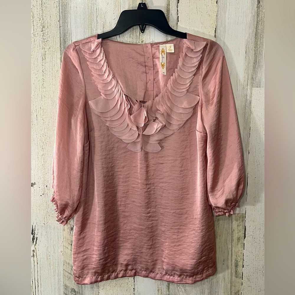 Adiva Satiny Blush Pink Petal Detailed Blouse Puffy Sleeve Size Small